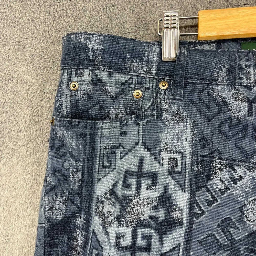 Lauren Ralph Lauren Straight Pants Women 12 Blue Southwestern Tribal Print Denim